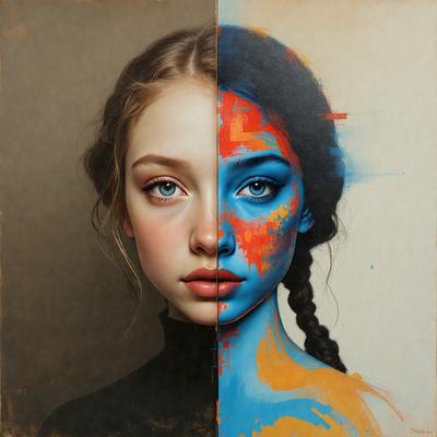 The primary subject of the image is a woman with a blue and orange painted face. She is wearing a black shirt and has her hair in a ponytail. The setting is a painting, which showcases the woman's unique and artistic appearance. The visual style is a combination of digital art and illustration, creating a vibrant and eye-catching image. The dominant colors are blue and orange, which evoke a sense of creativity and individuality.